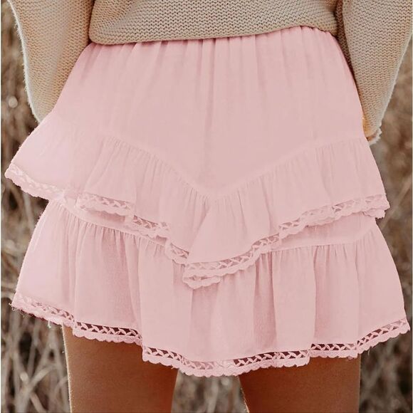 Light Pink Cream Cowgirl Style Lace Trim Ruffled Skirt - Picture 3 of 5